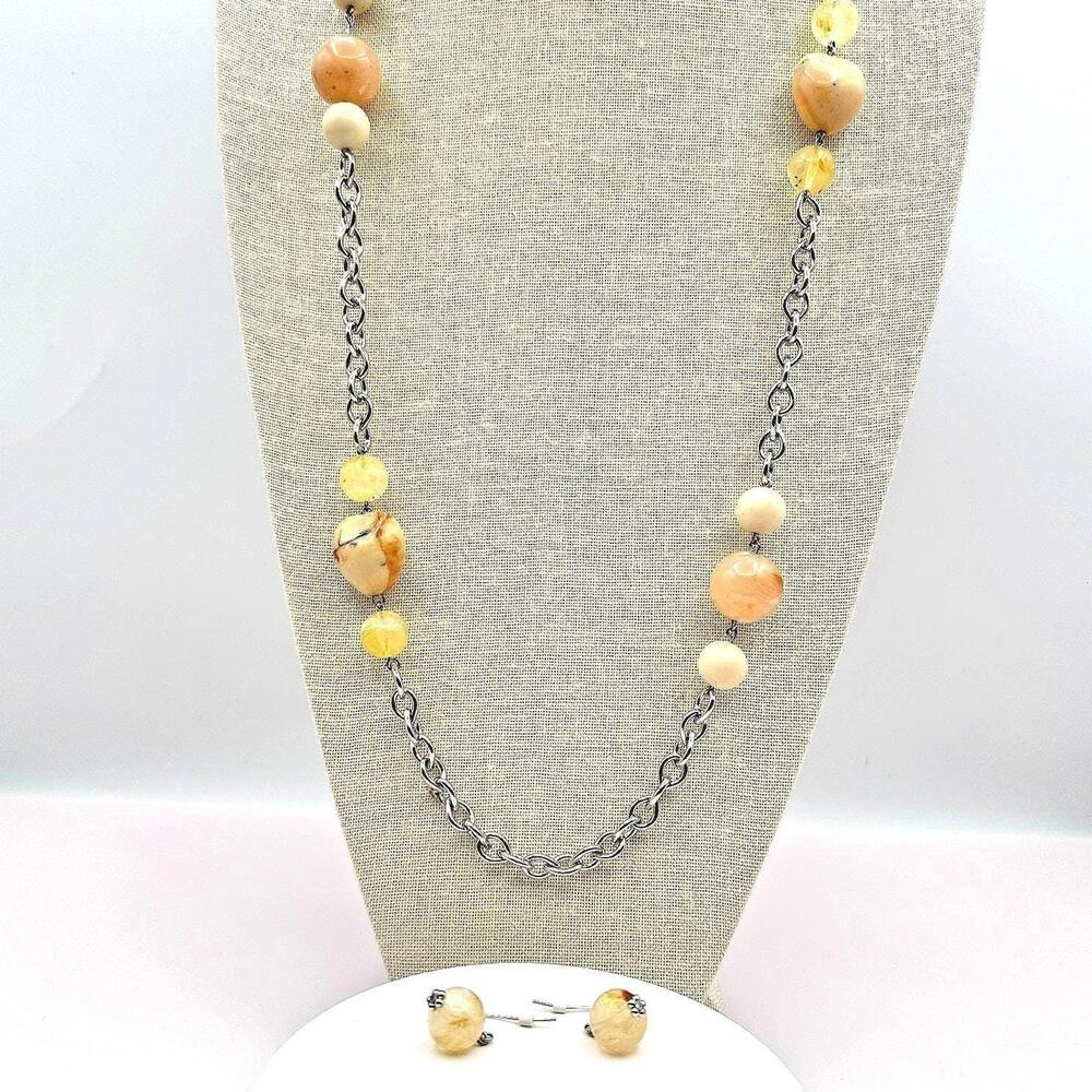 Vintage Y2K Beaded Silver Tone Necklace Earring Set Boho Women's Classic Jewelry